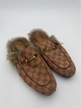 Gucci Brixton Horsebit Mules Beige Canvas Fur Size 8/41